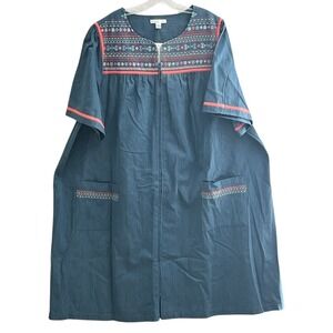 NWT Go Softly Patio Woman Embroidered Denim Zip Front Mumu House Dress 3X